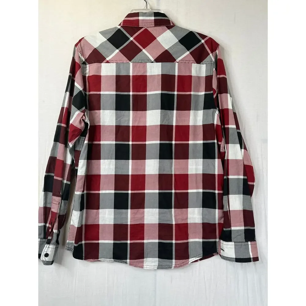 Vans men's black/red plaid button up long sleeve shirt, size M